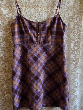 Urban Outfitters Y2K Plaid Slip Dress - Purple, Grey + mustard - cottagecore
